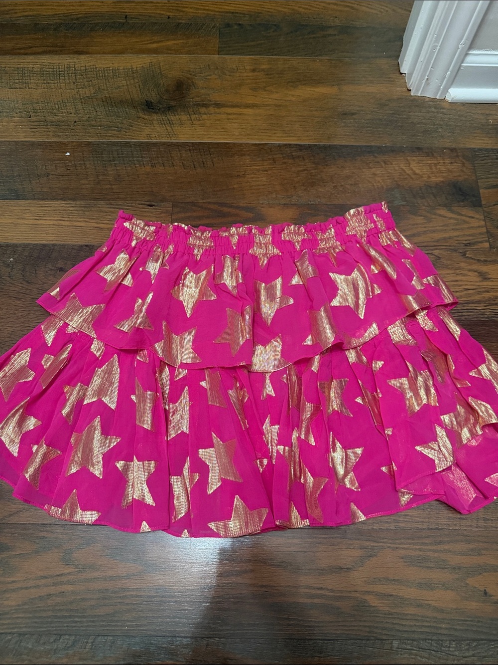 Loveshackfancy Pink Tiered Star-Print Mini Skirt with Gold Stars - Picture 2 of 3